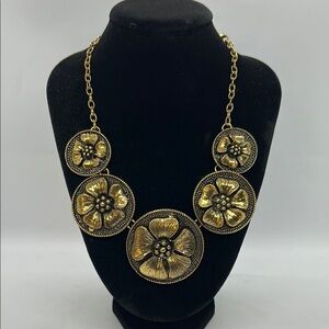 Vintage Antiqued Gold Tone Floral Statement Necklace